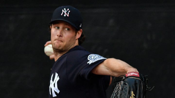 TAMPA, FLORIDA - FEBRUARY 24: Gerrit Cole #45 of the New York Yankees warms up before the spring training game against the Pittsburgh Pirates at Steinbrenner Field on February 24, 2020 in Tampa, Florida. (Photo by Mark Brown/Getty Images)