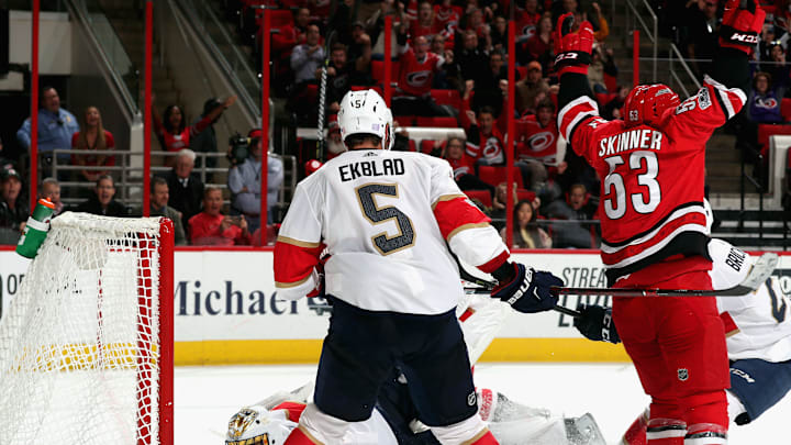 RALEIGH, NC – NOVEMBER 7: Jeff Skinner #53 of the Carolina Hurricanes celebrates a third-period goal scored by Derek Ryan #7 as Roberto Luongo #1 and Aaron Ekblad #5 of the Florida Panthers look on during an NHL game on November 7, 2017 at PNC Arena in Raleigh, North Carolina. (Photo by Gregg Forwerck/NHLI via Getty Images)