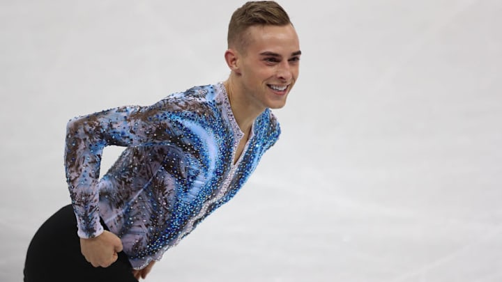 PYEONGCHANG-GUN, SOUTH KOREA - FEBRUARY 12: Adam Rippon of the United States skates during the Men's Single Skating section of the Team Event on day three of the PyeongChang 2018 Winter Olympic Games at Gangneung Ice Arena on February 12, 2018 in Gangneung, South Korea. (Photo by Amin Mohammad Jamali/Getty Images)
