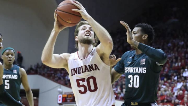 BLOOMINGTON, INDIANA - JANUARY 23: Joey Brunk #50 of the Indiana Hoosiers shoots the ball against the Michigan State Spartans at Assembly Hall on January 23, 2020 in Bloomington, Indiana. (Photo by Andy Lyons/Getty Images)