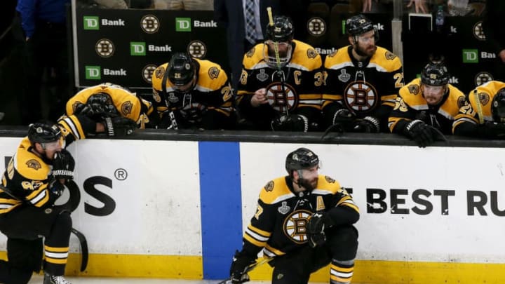 BOSTON, MASSACHUSETTS - JUNE 12: Patrice Bergeron #37 of the Boston Bruins reacts after his teams 4-1 loss to the Boston Bruins in Game Seven of the 2019 NHL Stanley Cup Final at TD Garden on June 12, 2019 in Boston, Massachusetts. (Photo by Rich Gagnon/Getty Images)