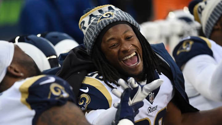 Fantasy Football Draft Strategy: SEATTLE, WA - DECEMBER 17: Running back Todd Gurley #30 of the Los Angeles Rams laughs on the sidelines during the fourth quarter of the game against the Seattle Seahawks at CenturyLink Field on December 17, 2017 in Seattle, Washington. The Seahawks won the game 42-7. (Photo by Steve Dykes/Getty Images)