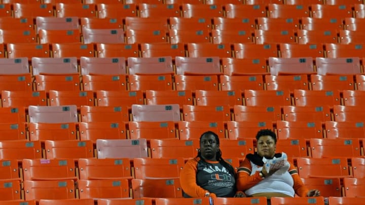 Nov 29, 2014; Miami Gardens, FL, USA; Miami Hurricanes fans watch the Pittsburgh Panthers and the Miami Hurricanes warm up before their game at Sun Life Stadium. Mandatory Credit: Steve Mitchell-USA TODAY Sports