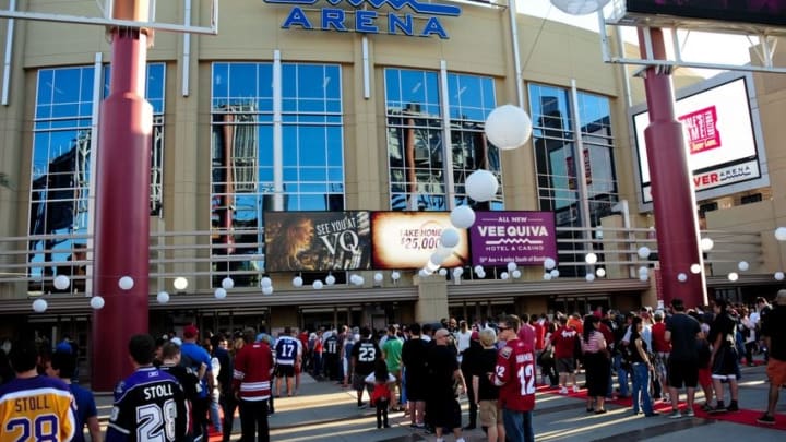 Oct 11, 2014; Glendale, AZ, USA; Fans wait to enter Gila River Arena prior to the game between the Arizona Coyotes and the Los Angeles Kings. Mandatory Credit: Matt Kartozian-USA TODAY Sports