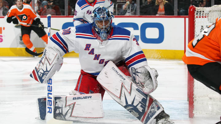 PHILADELPHIA, PA – APRIL 07: Henrik Lundqvist #30 of the New York Rangers reacts to the play against the Philadelphia Flyers on April 7, 2018 at the Wells Fargo Center in Philadelphia, Pennsylvania. (Photo by Len Redkoles/NHLI via Getty Images)