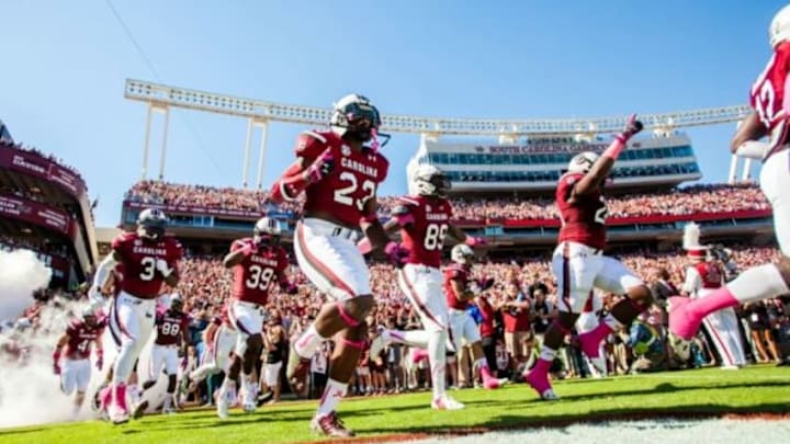 Oct 18, 2014; Columbia, SC, USA; The South Carolina Gamecocks enter the field before their game against the Furman Paladins at Williams-Brice Stadium. Mandatory Credit: Jeff Blake-USA TODAY Sports Oct 18, 2014; Columbia, SC, USA; The South Carolina Gamecocks enter the field before their game against the Furman Paladins at Williams-Brice Stadium. Mandatory Credit: Jeff Blake-USA TODAY Sports