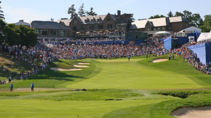 ANCASTER, CANADA - JULY 29: A view of the fans in front of the clubhouse surrounding the 18th green during the final round of the RBC Canadian Open at Hamilton Golf and Country Club on July 29, 2012 in Ancaster, Ontario, Canada. (Photo by Hunter Martin/Getty Images)