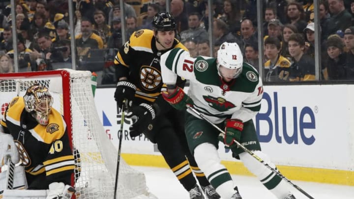 BOSTON, MA - JANUARY 08: Boston Bruins left defenseman Zdeno Chara (33) defends against Minnesota Wild center Eric Staal (12) during a game between the Boston Bruins and the Minnesota Wild on January 8, 2019, at TD Garden in Boston, Massachusetts. (Photo by Fred Kfoury III/Icon Sportswire via Getty Images)