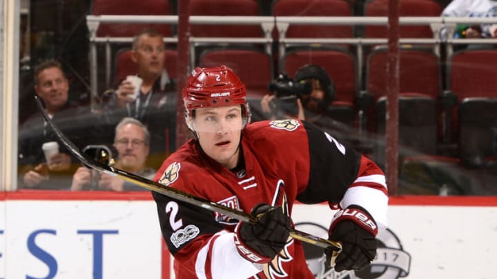 GLENDALE, AZ - JANUARY 31: Luke Schenn #2 of the Arizona Coyotes skates up ice against the Los Angeles Kings at Gila River Arena on January 31, 2017 in Glendale, Arizona. (Photo by Norm Hall/NHLI via Getty Images)