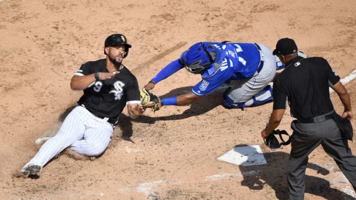 CHICAGO, IL - SEPTEMBER 12: Meibrys Viloria #72 of the Kansas City Royals puts a tag on Jose Abreu #79 of the Chicago White Sox at Guaranteed Rate Field on Thursday, September 12, 2019 in Chicago, Chicago. (Photo by Quinn Harris/MLB Photos via Getty Images)