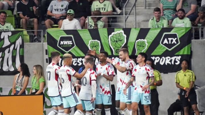 May 24, 2023; Austin, TX, USA; Chicago Fire players celebrate after a goal scored by defender Rafael Czichos (5) during the first half against Austin FC at Q2 Stadium. Mandatory Credit: Scott Wachter-USA TODAY Sports