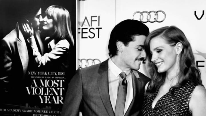 HOLLYWOOD, CA - NOVEMBER 06: (EDITORS NOTE: This Image has been converted from color to B/W).Actors Oscar Isaac and Jessica Chastain attend AFI FEST 2014 Presented By Audi Opening Night Gala Premiere Of A24's "A Most Violent Year" at Dolby Theatre on November 6, 2014 in Hollywood, California. (Photo by Frazer Harrison/Getty Images)