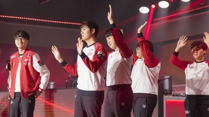 SKT on stage, courtesy of Riot Games and lolesports.com
