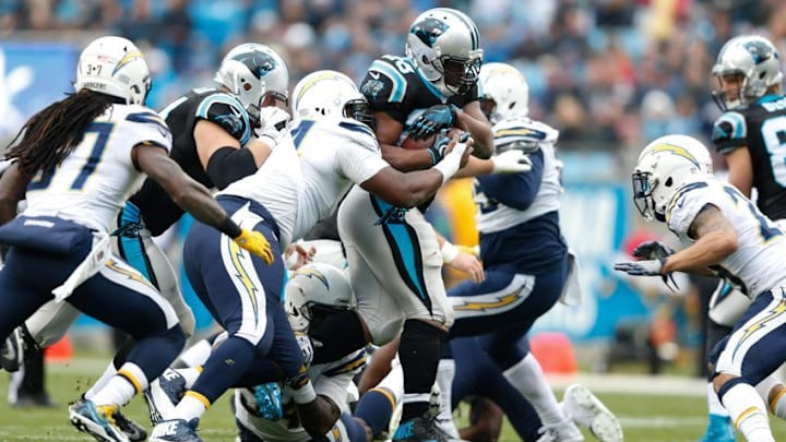 Dec 11, 2016; Charlotte, NC, USA; Carolina Panthers running back Jonathan Stewart (28) runs the ball during the first quarter against the San Diego Chargers at Bank of America Stadium. Mandatory Credit: Jeremy Brevard-USA TODAY Sports