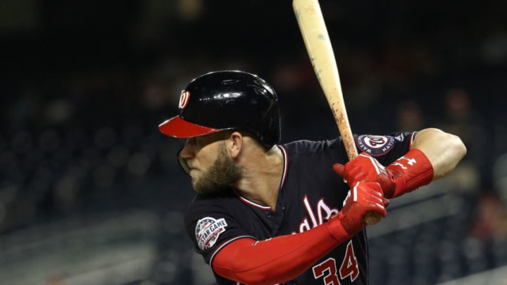 WASHINGTON, DC - AUGUST 21: Bryce Harper #34 of the Washington Nationals bats against the Philadelphia Phillies at Nationals Park on August 21, 2018 in Washington, DC. (Photo by Patrick Smith/Getty Images)