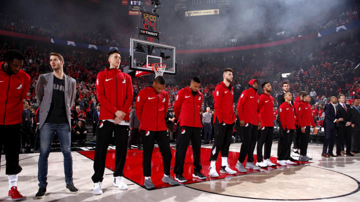 PORTLAND, OR – APRIL 17: The Portland Trail Blazers honor the National Anthem before the game against the New Orleans Pelicans in Game Two of Round One of the 2018 NBA Playoffs on April 17, 2018 at the Moda Center in Portland, Oregon. NOTE TO USER: User expressly acknowledges and agrees that, by downloading and or using this Photograph, user is consenting to the terms and conditions of the Getty Images License Agreement. Mandatory Copyright Notice: Copyright 2018 NBAE (Photo by Cameron Browne/NBAE via Getty Images)