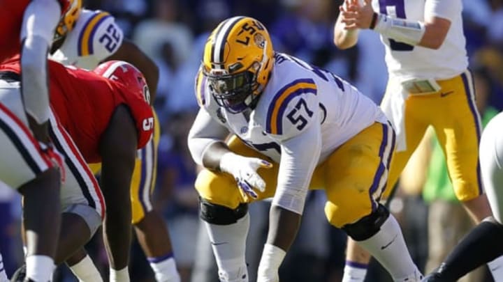 BATON ROUGE, LA – OCTOBER 13: Chasen Hines #57 of the LSU Tigers guards during a game against the Georgia Bulldogs at Tiger Stadium on October 13, 2018 in Baton Rouge, Louisiana. (Photo by Jonathan Bachman/Getty Images)