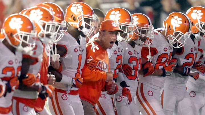 CHESTNUT HILL, MA - OCTOBER 07: Dabo Swinney, head coach of the Clemson Tigers shouts to his team, before a game against the Boston College Eagles at Alumni Stadium on October 7, 2016 in Chestnut Hill, Massachusetts. (Photo by Jim Rogash/Getty Images)