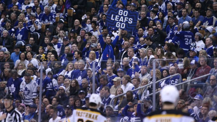 TORONTO, ON- APRIL 21 - Leafs fans cheer as the Toronto Maple Leafs lose to the Boston Bruins 4-2 in game six of their first round play-off series in Toronto. April 21, 2019. (Steve Russell/Toronto Star via Getty Images)