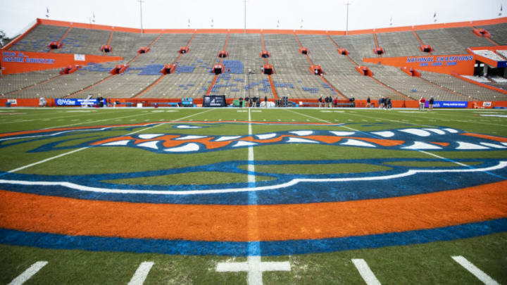 GAINESVILLE, FLORIDA - NOVEMBER 13: A detail view of the Florida Gators logo before the start of a game between the Florida Gators and the Samford Bulldogs at Ben Hill Griffin Stadium on November 13, 2021 in Gainesville, Florida. (Photo by James Gilbert/Getty Images)