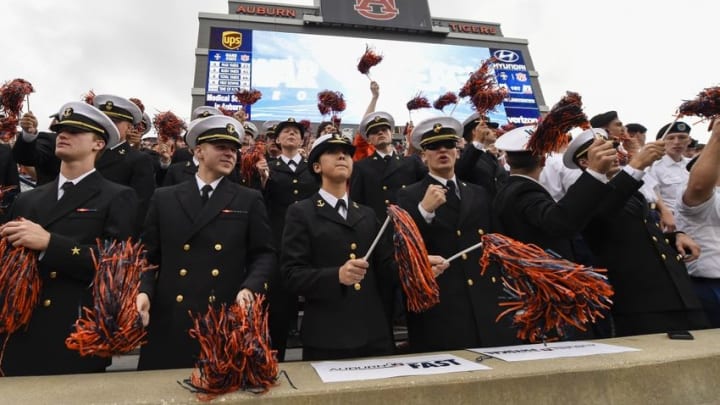 Nov 21, 2015; Auburn, AL, USA; Military personnel cheer during the first quarter between the Auburn Tigers and the Idaho Vandals at Jordan Hare Stadium. Mandatory Credit: Shanna Lockwood-USA TODAY Sports