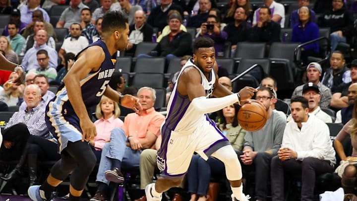 Mar 27, 2017; Sacramento, CA, USA; Sacramento Kings guard Buddy Hield (24) during the third quarter against the Memphis Grizzlies at Golden 1 Center. The Kings defeated the Grizzlies 91-90. Mandatory Credit: Sergio Estrada-USA TODAY Sports