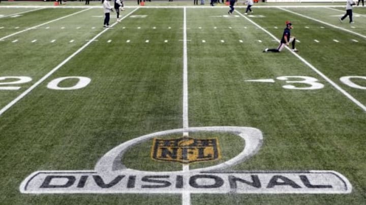 Jan 16, 2016; Foxborough, MA, USA; A view of the NFL Divisional logo on the field before the AFC Divisional round playoff game between the New England Patriots and the Kansas City Chiefs at Gillette Stadium. Mandatory Credit: Stew Milne-USA TODAY Sports