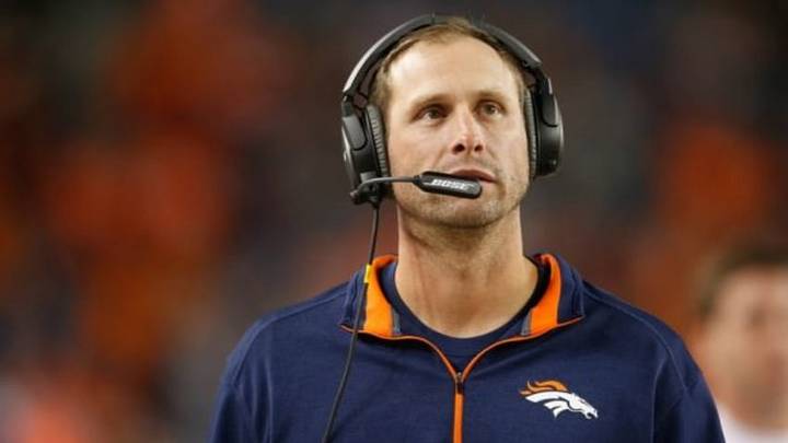 Oct 23, 2014; Denver, CO, USA; Denver Broncos offensive coordinator Adam Gase during the game against the San Diego Chargers at Sports Authority Field at Mile High. Mandatory Credit: Chris Humphreys-USA TODAY Sports