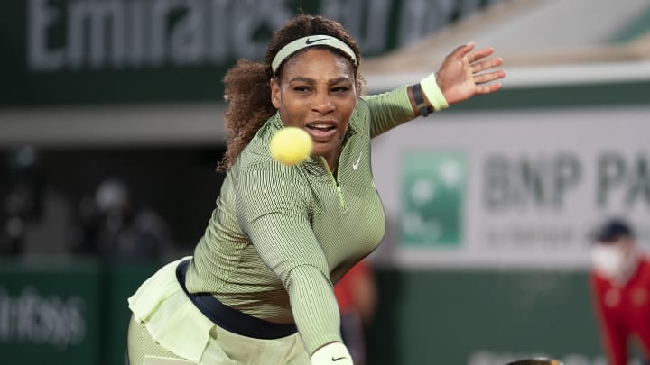May 31, 2021; Paris, France; Serena Williams (USA) in action during her match against Irina-Camelia Begu (ROU) on day two at Roland Garros Stadium. Mandatory Credit: Susan Mullane-USA TODAY Sports
