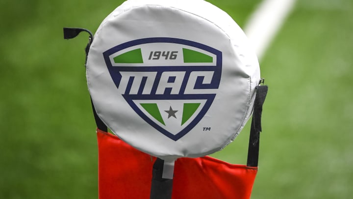 DETROIT, MICHIGAN – DECEMBER 18: The MAC logo is pictured during the first half of the Rocket Mortgage MAC Football Championship between the Buffalo Bulls and Ball State Cardinals at Ford Field on December 18, 2020 in Detroit, Michigan. (Photo by Nic Antaya/Getty Images)