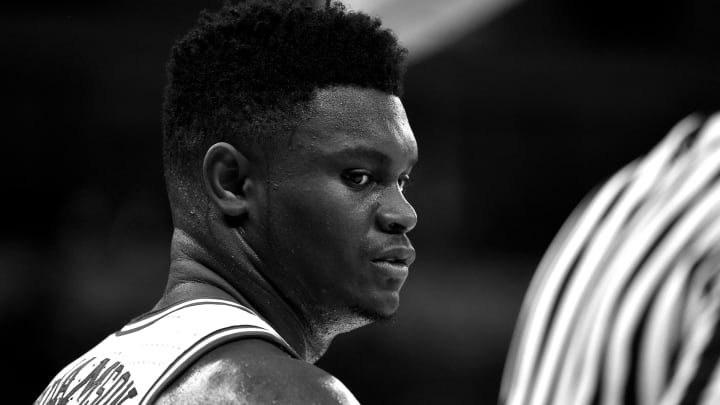 COLUMBIA, SC – MARCH 22: (EDITORS NOTE: Image has been converted to black and white.) Zion Williamson #1 of the Duke Blue Devils looks on in the first half of their game against the North Dakota State Bison during the first round of the 2019 NCAA Men’s Basketball Tournament at Colonial Life Arena on March 22, 2019 in Columbia, South Carolina. (Photo by Lance King/Getty Images)
