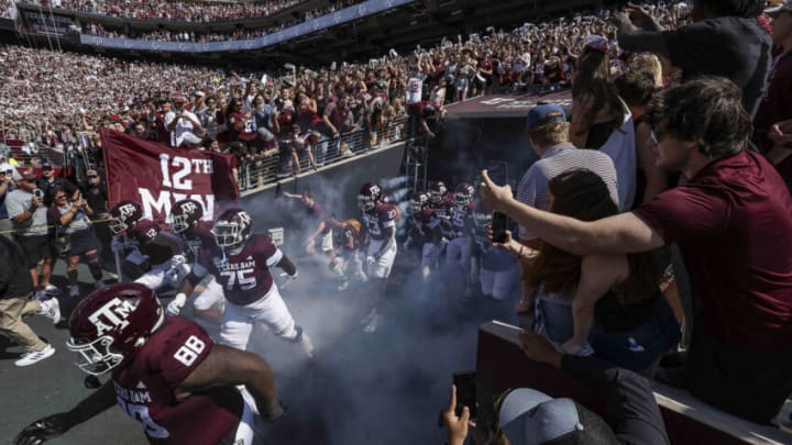 Oct 7, 2023; College Station, Texas, USA; Texas A&M Aggies players run onto the field before the game against the Alabama Crimson Tide at Kyle Field. Mandatory Credit: Troy Taormina-USA TODAY Sports