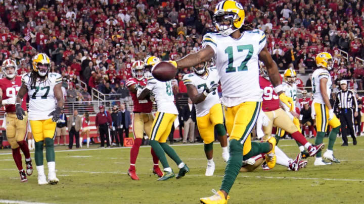 SANTA CLARA, CALIFORNIA - NOVEMBER 24: Davante Adams #17 of the Green Bay Packers scores a touchdown on a two-yard run against the San Francisco 49er during the second half at Levi's Stadium on November 24, 2019 in Santa Clara, California. (Photo by Thearon W. Henderson/Getty Images)