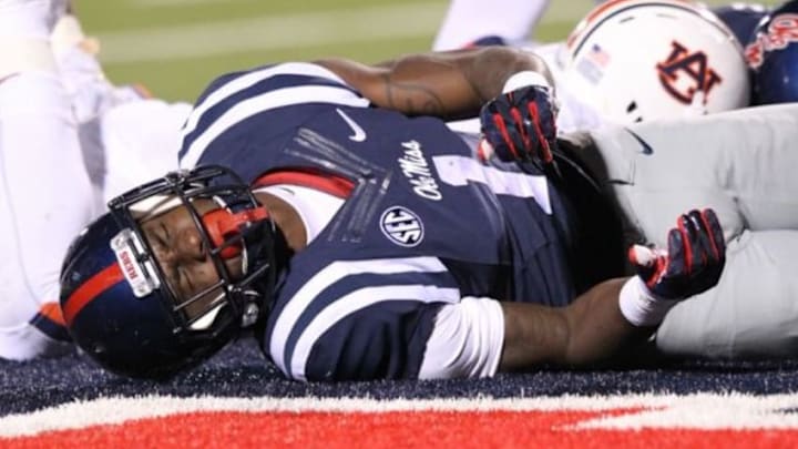 Nov 1, 2014; Oxford, MS, USA; Ole Miss Rebels wide receiver Laquon Treadwell (1) is injured on a play late in the fourth quarter against the Auburn Tigers at Vaught-Hemingway Stadium. Auburn defeated Ole Miss 35-31. Mandatory Credit: Nelson Chenault-USA TODAY Sports Nov 1, 2014; Oxford, MS, USA; Ole Miss Rebels wide receiver Laquon Treadwell (1) is injured on a play late in the fourth quarter against the Auburn Tigers at Vaught-Hemingway Stadium. Auburn defeated Ole Miss 35-31. Mandatory Credit: Nelson Chenault-USA TODAY Sports