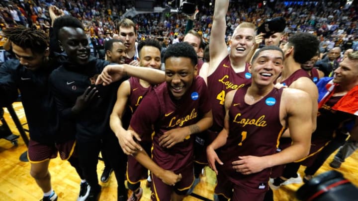 ATLANTA, GA - MARCH 24: The Loyola Ramblers celebrate after defeating the Kansas State Wildcats during the 2018 NCAA Men's Basketball Tournament South Regional at Philips Arena on March 24, 2018 in Atlanta, Georgia. Loyola defeated Kansas State 78-62 to advance to the Final Four. (Photo by Kevin C. Cox/Getty Images)