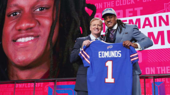 ARLINGTON, TX – APRIL 26: Tremaine Edmunds of Virginia Tech poses with NFL Commissioner Roger Goodell after being picked #16 overall by the Buffalo Bills during the first round of the 2018 NFL Draft at AT&T Stadium on April 26, 2018 in Arlington, Texas. (Photo by Tom Pennington/Getty Images)