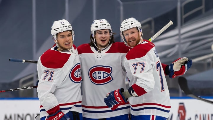 EDMONTON, AB – JANUARY 18: Jake Evans Alexander Romanov and Brett Kulak Montreal Canadiens (Photo by Codie McLachlan/Getty Images)