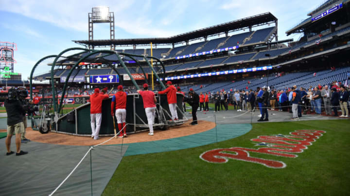 Nov 2, 2022; Philadelphia, Pennsylvania, USA; Members of the media assemble on the filed during Philadelphia Phillies team batting practice before game four of the 2022 World Series against the Houston Astros at Citizens Bank Park. Mandatory Credit: Eric Hartline-USA TODAY Sports