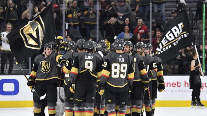 LAS VEGAS, NEVADA – NOVEMBER 17: The Vegas Golden Knights celebrate after defeating the Calgary Flames at T-Mobile Arena on November 17, 2019 in Las Vegas, Nevada. (Photo by Jeff Bottari/NHLI via Getty Images)
