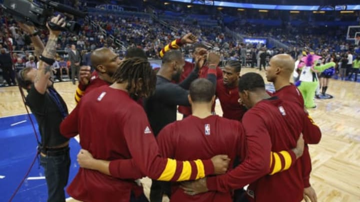 Mar 11, 2017; Orlando, FL, USA; The Cleveland Cavaliers huddle up around forward LeBron James (center) before the start of an NBA basketball game against the Orlando Magic at Amway Center. Mandatory Credit: Reinhold Matay-USA TODAY Sports