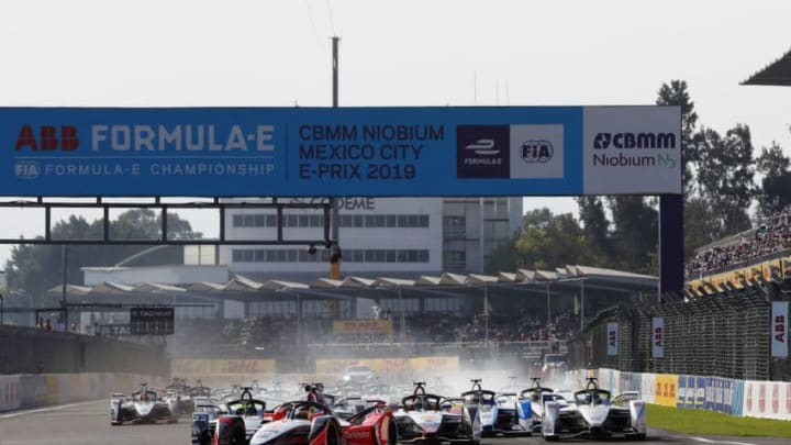 MEXICO CITY, MEXICO - FEBRUARY 16: Pascal Wehrlein (DEU), Mahindra Racing, M5 Electro, leads at the start of the race during the 2019 Mexico City E-Prix 2019 at Autodromo Hermanos Rodriguez in Mexico City, Mexico. (Photo by FIA ABB Formula E/Handout/Getty Images)