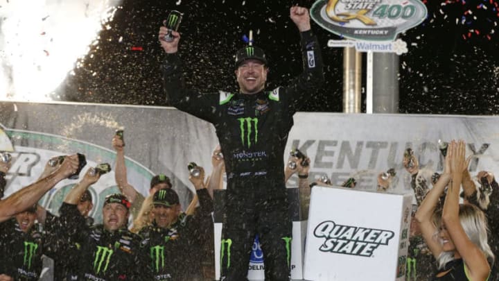 SPARTA, KENTUCKY - JULY 13: Kurt Busch, driver of the #1 Monster Energy Chevrolet, celebrates in Victory Lane after winning the Monster Energy NASCAR Cup Series Quaker State 400 Presented by Walmart at Kentucky Speedway on July 13, 2019 in Sparta, Kentucky. (Photo by Brian Lawdermilk/Getty Images)