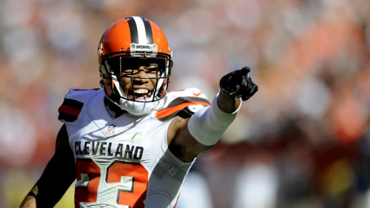 CLEVELAND, OH - SEPTEMBER 20, 2015: Cornerback Joe Haden #23 of the Cleveland Browns points toward a fan after a third down stop during a game against the Tennessee Titans on September 20, 2015 at FirstEnergy Stadium in Cleveland, Ohio. Cleveland won 28-14. (Photo by Nick Cammett/Diamond Images/Getty Images)