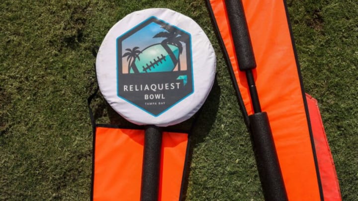 Jan 2, 2023; Tampa, FL, USA; first down markers sit on the field for the 2023 ReliaQuest Bowl featuring the Illinois Fighting Illini and Mississippi State Bulldogs at Raymond James Stadium. Mandatory Credit: Nathan Ray Seebeck-USA TODAY Sports