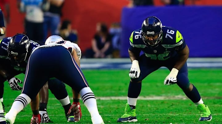 Feb 1, 2015; Glendale, AZ, USA; Seattle Seahawks tackle Russell Okung (76) in Super Bowl XLIX against the New England Patriots at University of Phoenix Stadium. Mandatory Credit: Andrew Weber-USA TODAY Sports