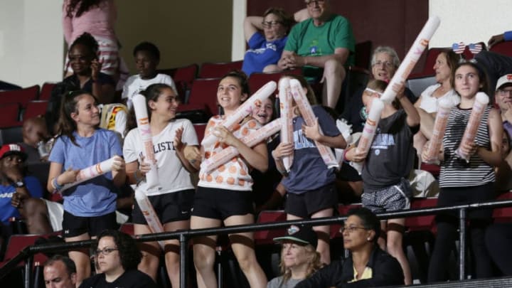WHITE PLAINS, NY - JULY 3: Young fans look on during the game between the Seattle Storm and the New York Liberty on July 3, 2018 at Westchester County Center in White Plains, New York. NOTE TO USER: User expressly acknowledges and agrees that, by downloading and or using this photograph, User is consenting to the terms and conditions of the Getty Images License Agreement. Mandatory Copyright Notice: Copyright 2018 NBAE (Photo by Steve Freeman/NBAE via Getty Images)