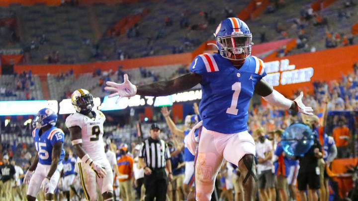 University of Florida receiver Kadarius Toney (1) scores the Gators first touchdown of the game during a game against the Missouri Tigers at Ben Hill Griffin Stadium in Gainesville, Fla. Oct. 31, 2020. [Brad McClenny/The Gainesville Sun]Florida Missouri 01