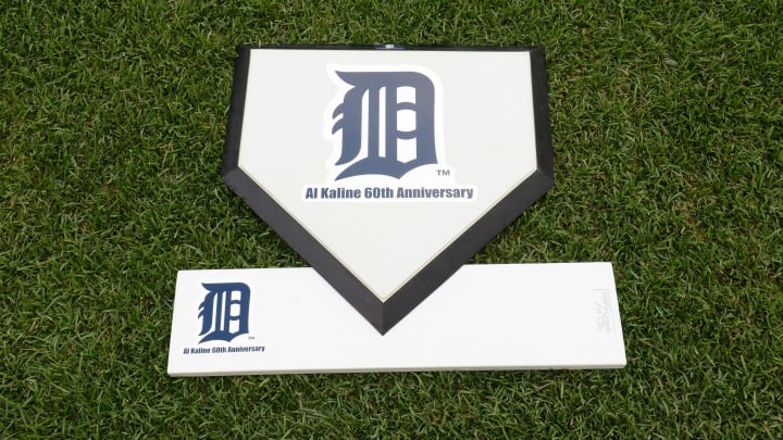 DETROIT, MI – JUNE 25: A detailed view of the special home plate and pitching rubber to honor the 60th anniversary of the Major League debut of Detroit Tigers outfielder and Baseball Hall of Famer Al Kaline prior to the game between the Detroit Tigers and the Los Angeles Angels of Anaheim at Comerica Park on June 25, 2013 in Detroit, Michigan. The Angels defeated the Tigers 14-8. (Photo by Mark Cunningham/MLB Photos via Getty Images)