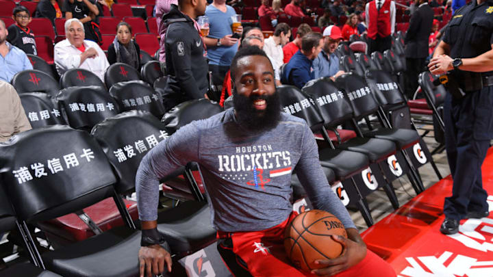 HOUSTON, TX - NOVEMBER 17: James Harden #13 of the Houston Rockets smiles prior to a game against the Sacramento Kings on November 17, 2018 at Toyota Center in Houston, Texas. NOTE TO USER: User expressly acknowledges and agrees that, by downloading and/or using this photograph, User is consenting to the terms and conditions of the Getty Images License Agreement. Mandatory Copyright Notice: Copyright 2018 NBAE (Photo by Bill Baptist/NBAE via Getty Images)