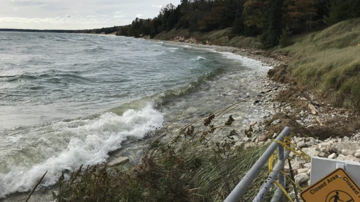 High water levels in Lake Michigan have eroded the shoreline and closed one of the beaches at Whitefish Dunes State Park in Door County, Wis.Kottke Lake Michigan Shoreline 2